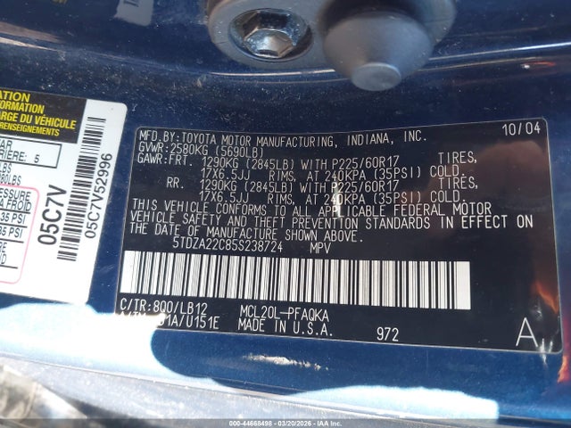 2005 TOYOTA SIENNA 5TDZA22C85S238724 Photo 8