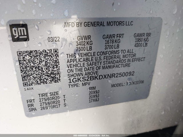 2022 Gmc Yukon 4wd Slt მანქანა იყიდება აუქციონზე, vin: 1GKS2BKDXNR250092, აუქციონის ნომერი: 44668500