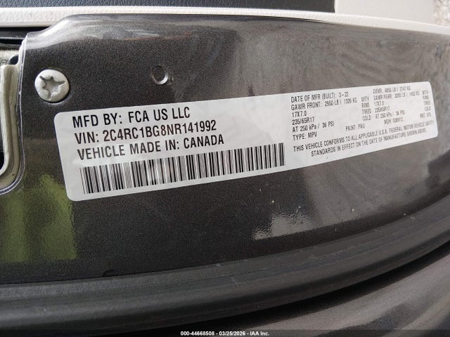 2022 Chrysler Pacifica Touring L მანქანა იყიდება აუქციონზე, vin: 2C4RC1BG8NR141992, აუქციონის ნომერი: 44668508