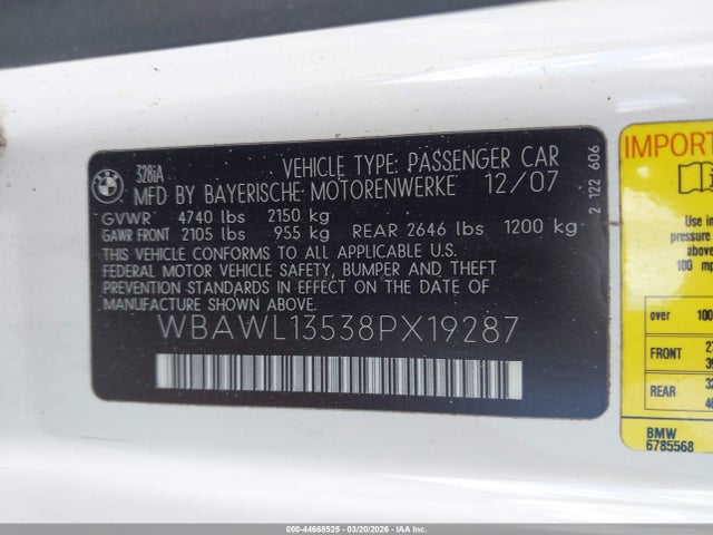 Продаж на аукціоні авто 2008 Bmw 328i, vin: WBAWL13538PX19287, номер лоту: 44668525