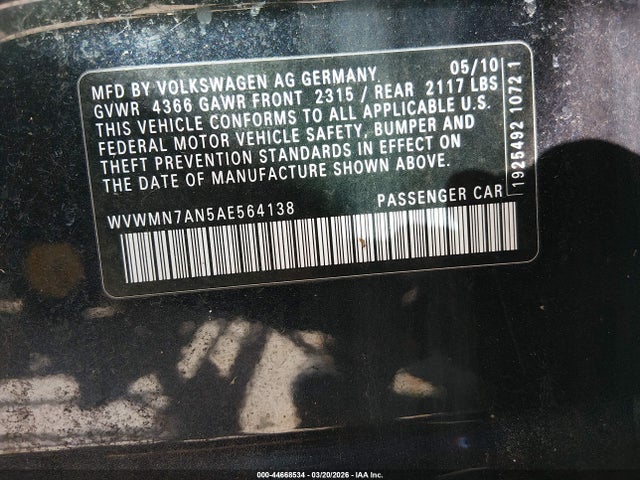 Aukcja sprzedaży 2010 Volkswagen Cc Sport, vin: WVWMN7AN5AE564138, numer aukcji: 44668534