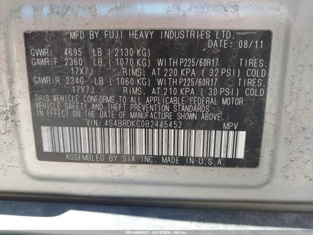 2011 Subaru Outback 3.6r Limited მანქანა იყიდება აუქციონზე, vin: 4S4BRDKC0B2445452, აუქციონის ნომერი: 44668537