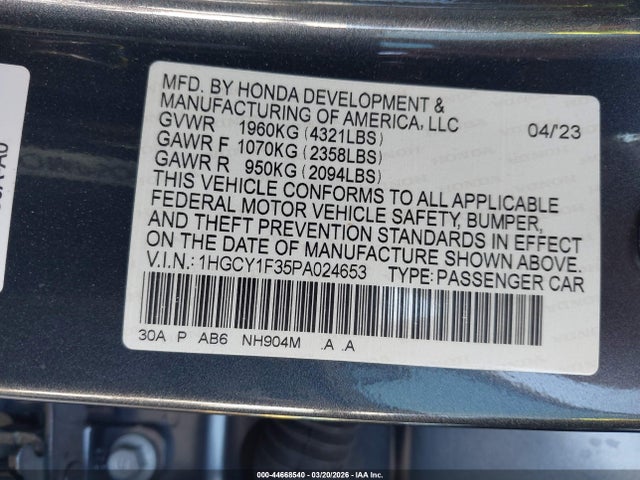 44668540 :رقم المزاد ، 1HGCY1F35PA024653 vin ، 2023 Honda Accord Ex مزاد بيع