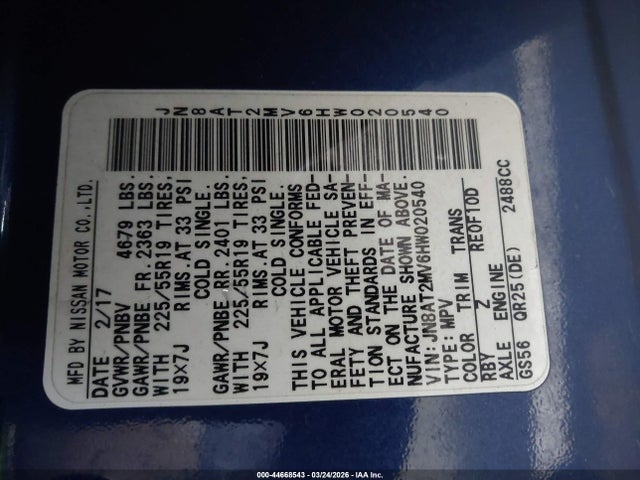 JN8AT2MV6HW020540 Nissan Rogue Sl