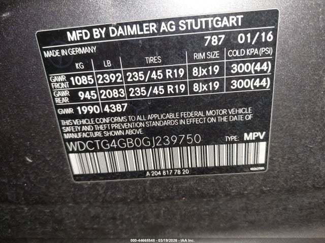 WDCTG4GB0GJ239750 Mercedes-Benz Gla 250 4matic