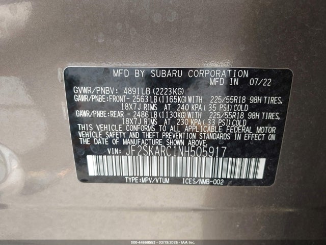 Продажа на аукционе авто 2022 Subaru Forester Touring, vin: JF2SKARC1NH505917, номер лота: 44668553