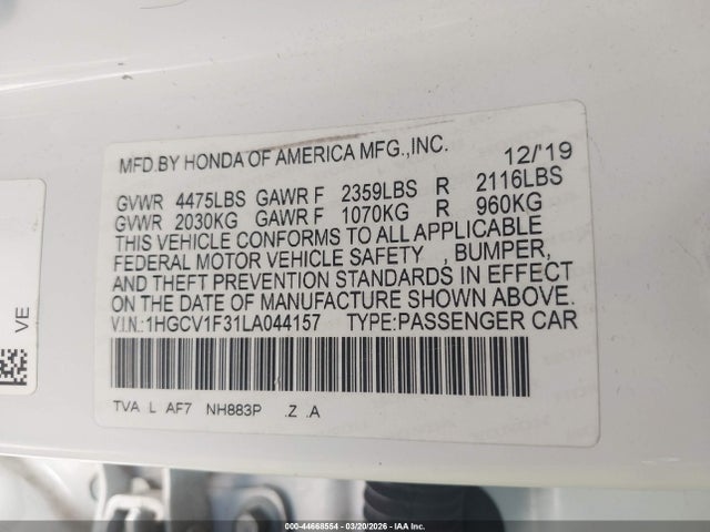 Honda Accord Sport 2020 1HGCV1F31LA044157 Image 9