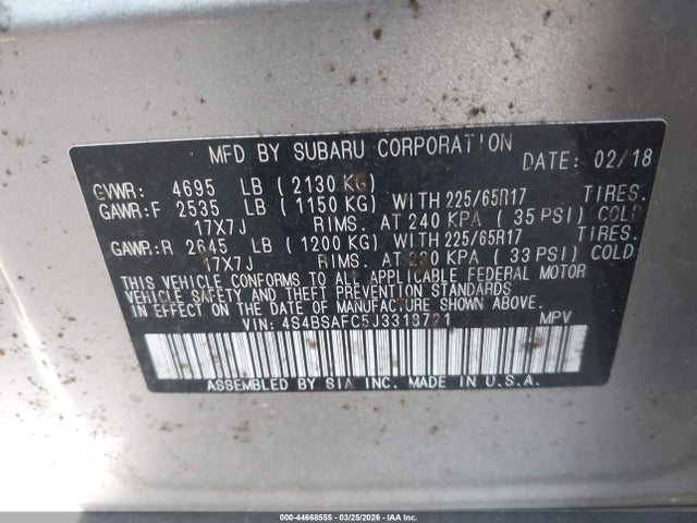 Продажа на аукционе авто 2018 Subaru Outback 2.5i Premium, vin: 4S4BSAFC5J3318721, номер лота: 44668555