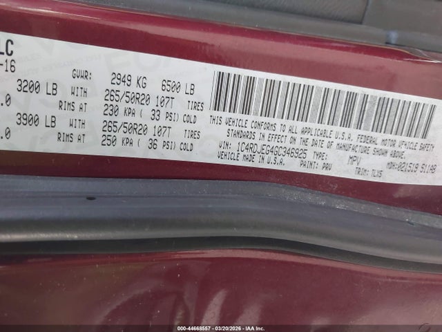 44668557 :رقم المزاد ، 1C4RDJEG4GC346925 vin ، 2016 Dodge Durango Citadel مزاد بيع