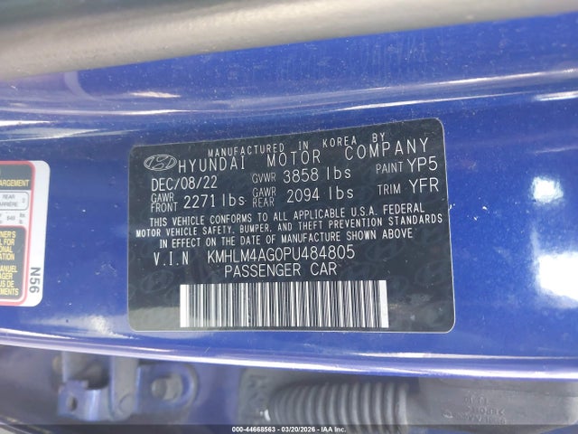 44668563 :رقم المزاد ، KMHLM4AG0PU484805 vin ، 2023 Hyundai Elantra Sel مزاد بيع