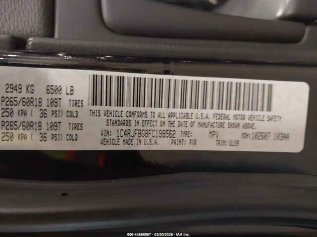44668567 :رقم المزاد ، 1C4RJFBG8FC198562 vin ، 2015 Jeep Grand Cherokee Limited مزاد بيع