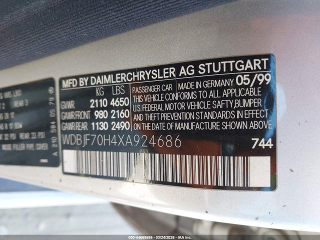 Aukcja sprzedaży 1999 Mercedes-benz E 430, vin: WDBJF70H4XA924686, numer aukcji: 44668586