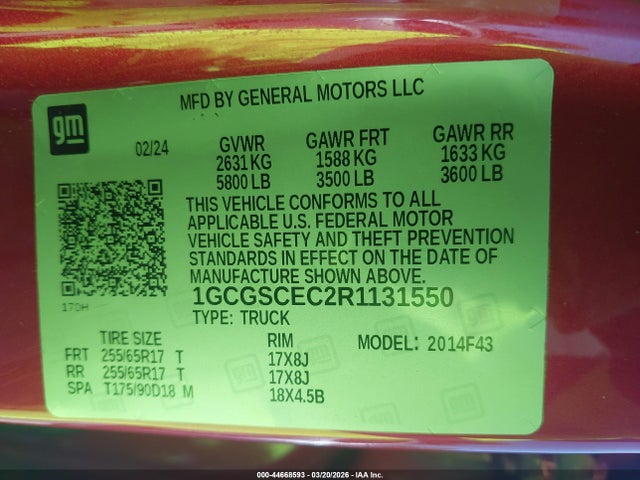 2024 Chevrolet Colorado 2wd Lt მანქანა იყიდება აუქციონზე, vin: 1GCGSCEC2R1131550, აუქციონის ნომერი: 44668593