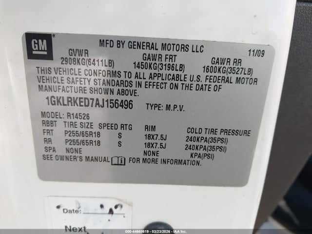 44668619 :رقم المزاد ، 1GKLRKED7AJ156496 vin ، 2010 Gmc Acadia Sl مزاد بيع