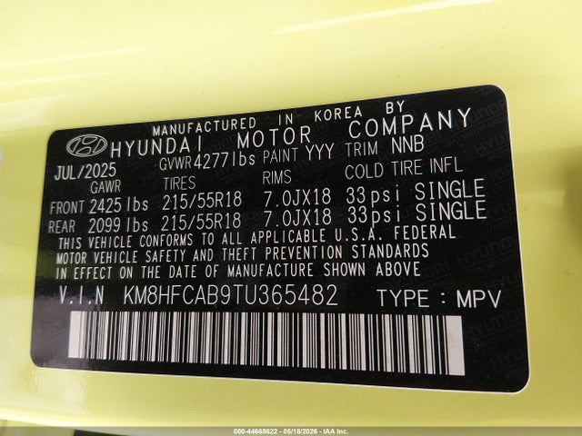 Продаж на аукціоні авто 2026 Hyundai Kona Sel Sport, vin: KM8HFCAB9TU365482, номер лоту: 44668622