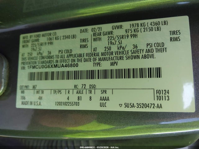 1FMCU0G6XMUA46800 Ford ESCAPE SE