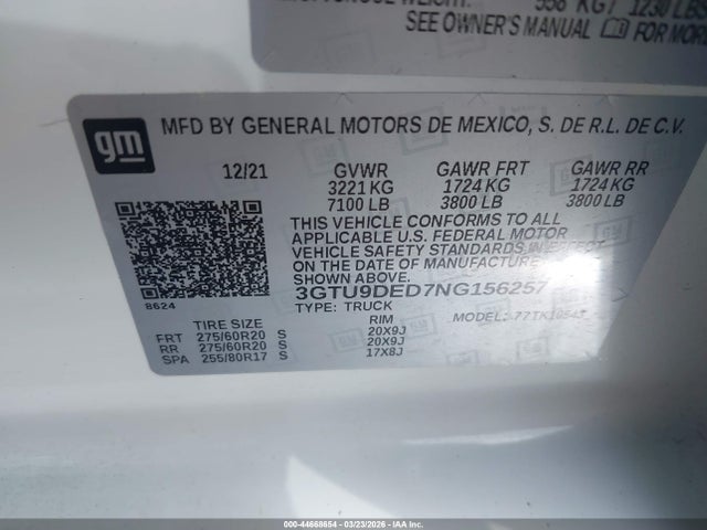 Продаж на аукціоні авто 2022 Gmc Sierra 1500 Limited, vin: 3GTU9DED7NG156257, номер лоту: 44668654
