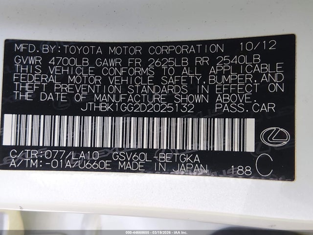 Продаж на аукціоні авто 2013 Lexus Es 350, vin: JTHBK1GG2D2025132, номер лоту: 44668655