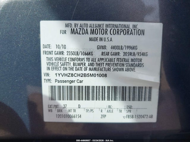Aukcja sprzedaży 2011 Mazda Mazda6 I Touring, vin: 1YVHZ8CH2B5M01008, numer aukcji: 44668657