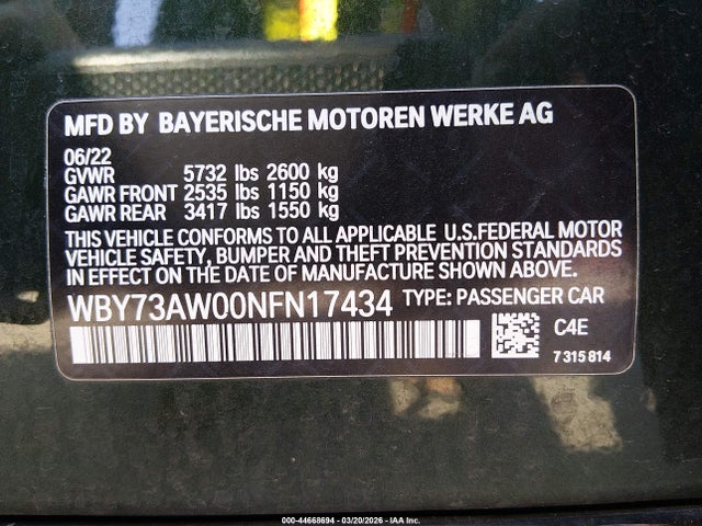 Продажа на аукционе авто 2022 Bmw I4 Edrive40, vin: WBY73AW00NFN17434, номер лота: 44668694