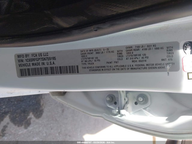 Aukcja sprzedaży 2025 Ram 1500 Warlock  4x4 5'7 Box, vin: 1C6SRFGP7SN759195, numer aukcji: 44668707