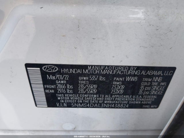 5NMS4DAL3NH438824 Hyundai Santa Fe Limited