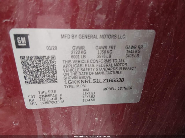 Aukcja sprzedaży 2020 Gmc Acadia Fwd Sle, vin: 1GKKNRLS1LZ165538, numer aukcji: 44668712
