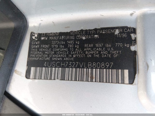 Продажа на аукционе авто 1997 Bmw Z3 1.9l Roadster, vin: 4USCH7327VLB80897, номер лота: 44668720