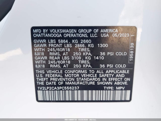 44668725 :رقم المزاد ، 1V2LP2CA3PC556237 vin ، 2023 Volkswagen Atlas 2.0t Se مزاد بيع