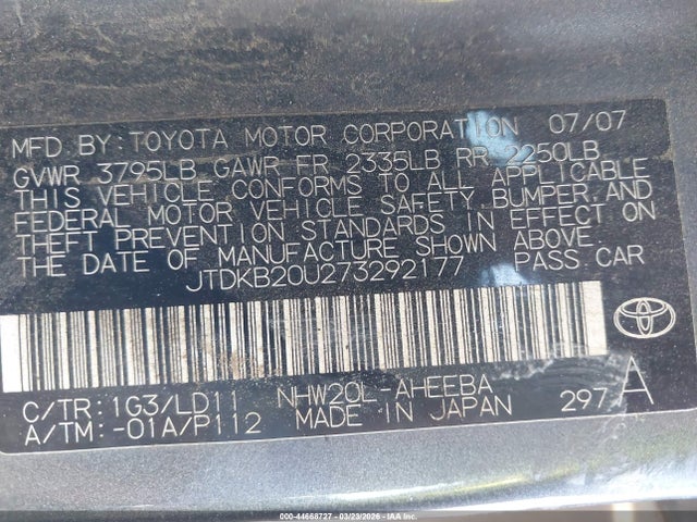 Продаж на аукціоні авто 2007 Toyota Prius, vin: JTDKB20U273292177, номер лоту: 44668727