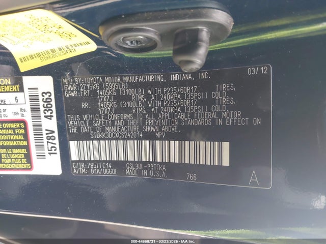44668731 :رقم المزاد ، 5TDKK3DCXCS242014 vin ، 2012 Toyota Sienna Le V6 8 Passenger مزاد بيع