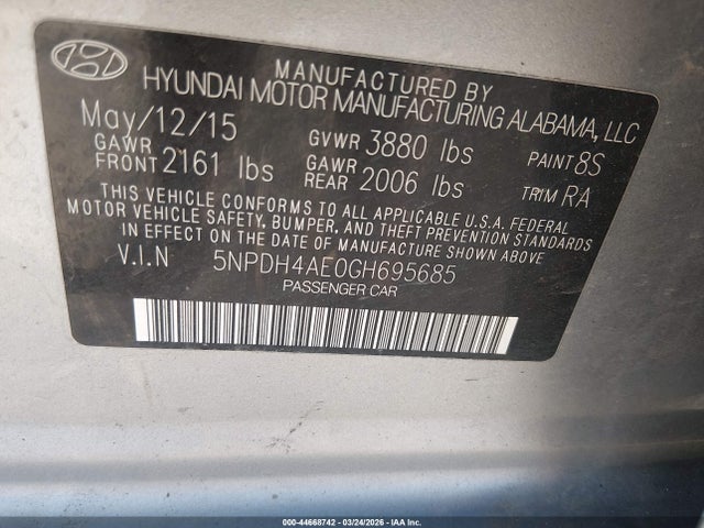5NPDH4AE0GH695685 Hyundai ELANTRA SE