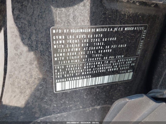 2022 Volkswagen Taos 1.5t Se მანქანა იყიდება აუქციონზე, vin: 3VVRX7B28NM095763, აუქციონის ნომერი: 44668747