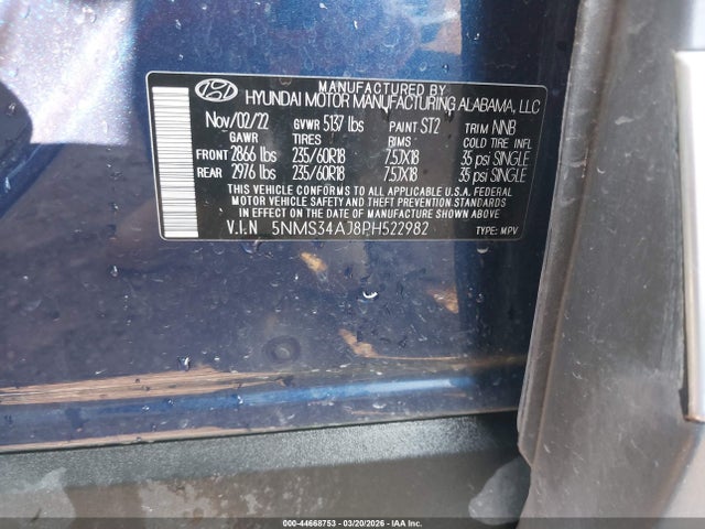 Aukcja sprzedaży 2023 Hyundai Santa Fe Sel, vin: 5NMS34AJ8PH522982, numer aukcji: 44668753