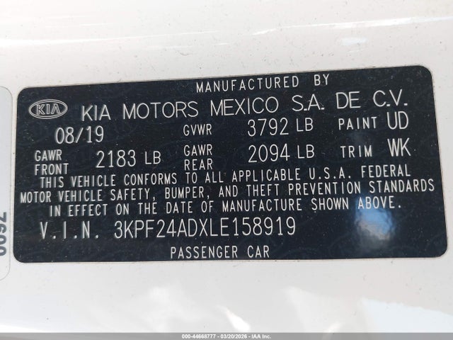 44668777 :رقم المزاد ، 3KPF24ADXLE158919 vin ، 2020 Kia Forte Fe مزاد بيع