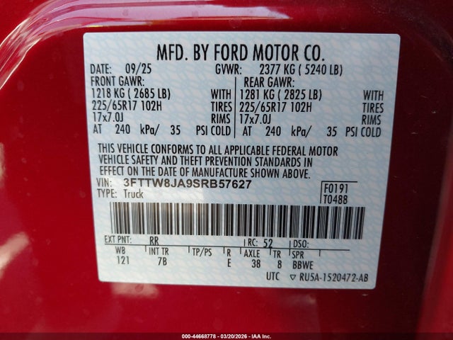 Продаж на аукціоні авто 2025 Ford Maverick Xlt, vin: 3FTTW8JA9SRB57627, номер лоту: 44668778