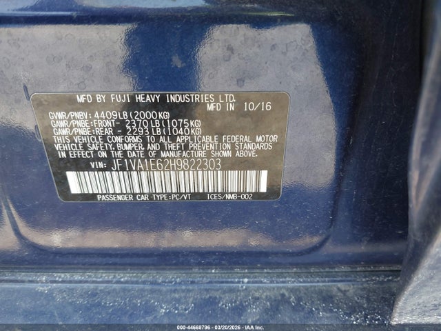 2017 Subaru Wrx Premium მანქანა იყიდება აუქციონზე, vin: JF1VA1E62H9822303, აუქციონის ნომერი: 44668796