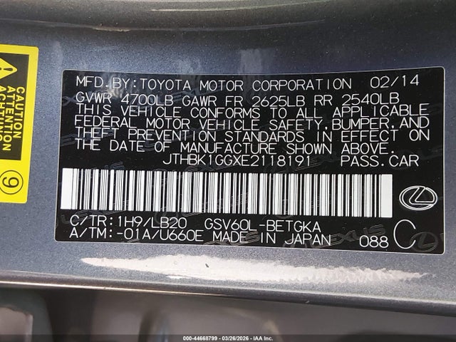 44668799 :رقم المزاد ، JTHBK1GGXE2118191 vin ، 2014 Lexus Es 350 مزاد بيع