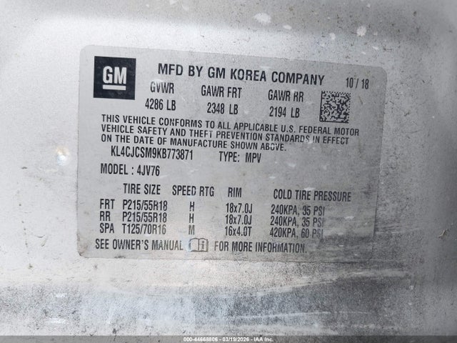44668806 :رقم المزاد ، KL4CJCSM9KB773871 vin ، 2019 Buick Encore Fwd Essence مزاد بيع