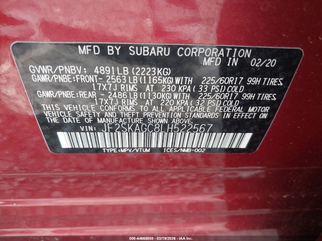 2020 SUBARU FORESTER JF2SKAGC8LH522567 Photo 8