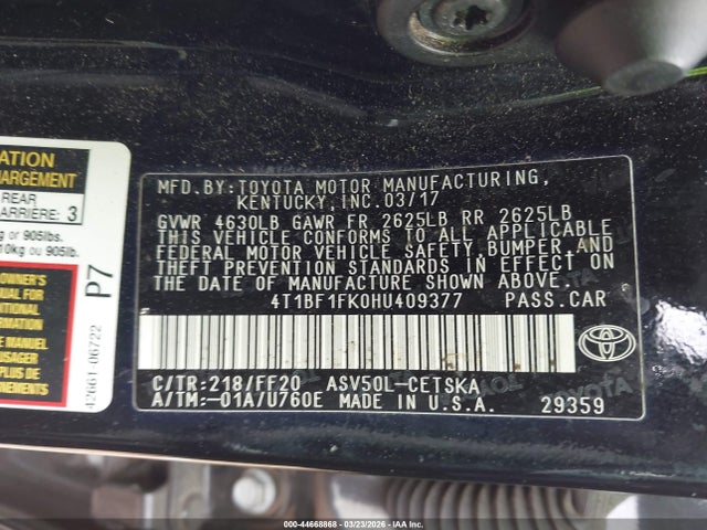 Aukcja sprzedaży 2017 Toyota Camry Se, vin: 4T1BF1FK0HU409377, numer aukcji: 44668868