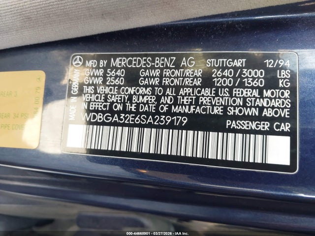 Aukcja sprzedaży 1995 Mercedes-benz S 320w, vin: WDBGA32E6SA239179, numer aukcji: 44668901