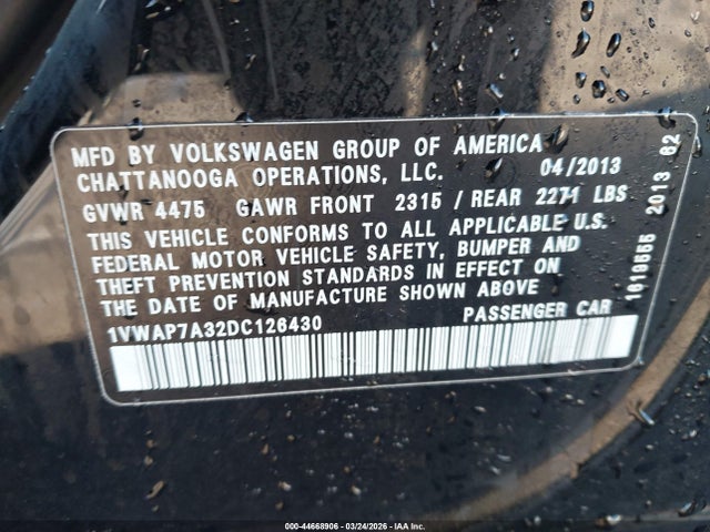 44668906 :رقم المزاد ، 1VWAP7A32DC126430 vin ، 2013 Volkswagen Passat S مزاد بيع
