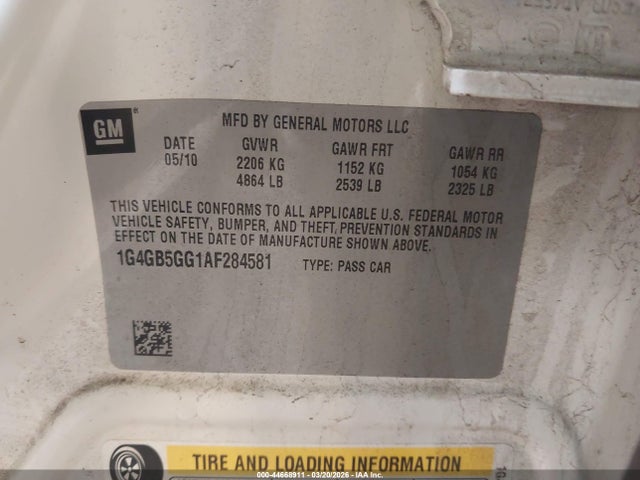2010 Buick Lacrosse Cx მანქანა იყიდება აუქციონზე, vin: 1G4GB5GG1AF284581, აუქციონის ნომერი: 44668911