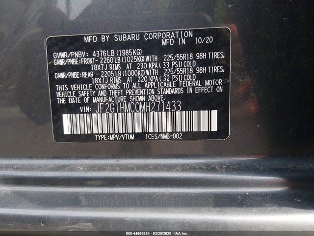 Aukcja sprzedaży 2021 Subaru Crosstrek Limited, vin: JF2GTHMC0MH271433, numer aukcji: 44668954