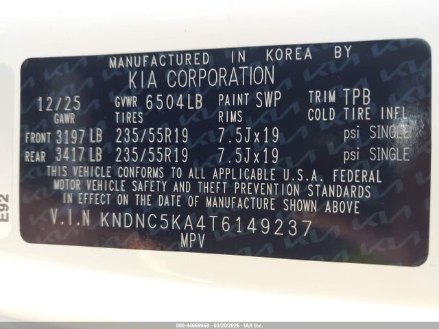 KNDNC5KA4T6149237 KIA Carnival Mpv Hybrid Ex