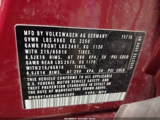 Aukcja sprzedaży 2016 Volkswagen Tiguan S, vin: WVGBV7AXXGW055069, numer aukcji: 44668976