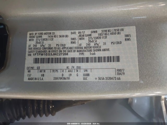 1FTFW1EG3JKC27208 Ford F-150 Lariat