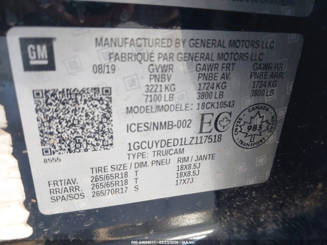 44669017 :رقم المزاد ، 1GCUYDED1LZ117518 vin ، 2020 Chevrolet Silverado 1500 Lt مزاد بيع