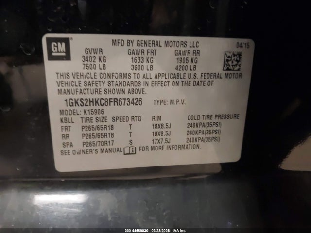 Продаж на аукціоні авто 2015 Gmc Yukon Xl 1500 Slt, vin: 1GKS2HKC8FR673426, номер лоту: 44669030